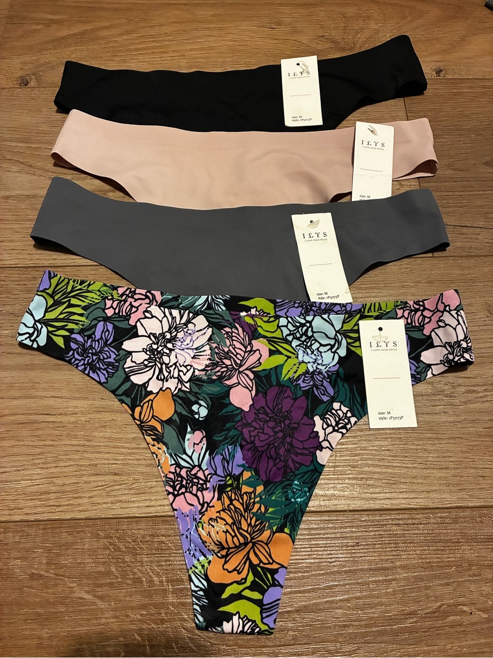 Womens Floral & Solid Seamless Thong Set - Black, Blush, Gray, Floral